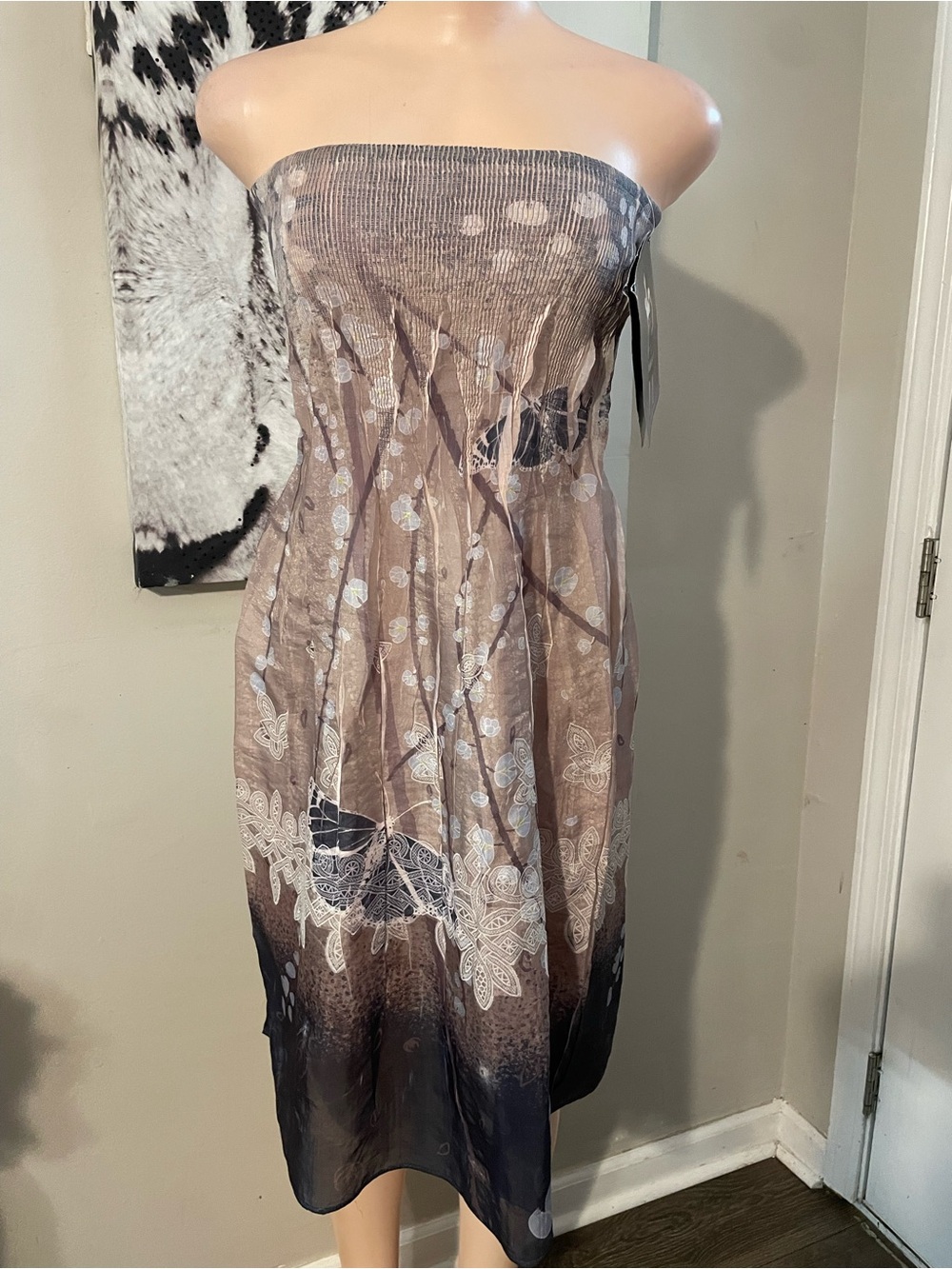 Vintage Lapis anthropology strapless dress earthy butterfly smock bodice abstrac